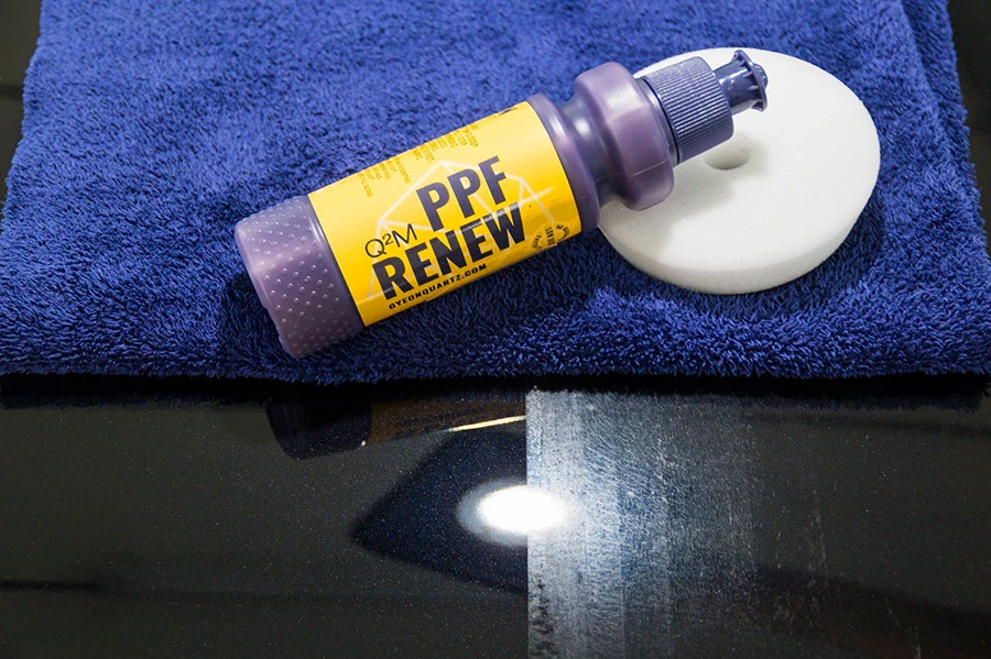 Q²M PPF Renew 與拋光墊，旁邊展示膜面處理前後的差異